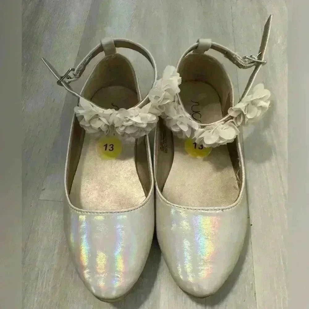 Sugar Iridescent Flower Ankle Strap Flats Kids 13 Cream Good Floral Shimmer